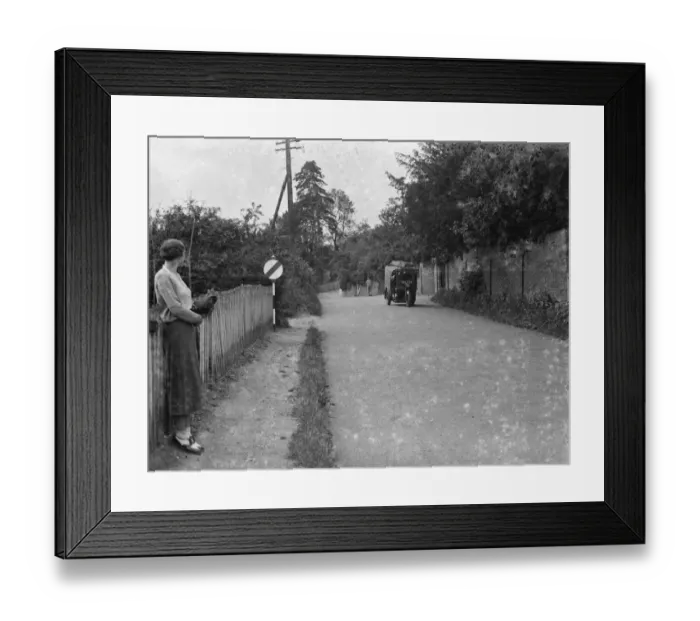 Framed Print : Road with a traffic sign at Farningham, Kent. 1935 Framed Print : Road with a traffic sign at Farningham, Kent. 1935
