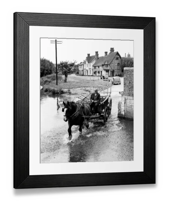Framed Print : Old man driving through the ford at Eynsford in a horse and cart. Between the wars Framed Print : Old man driving through the ford at Eynsford in a horse and cart. Between the wars