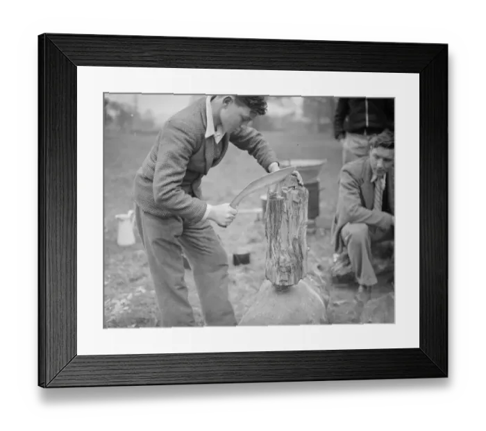 Framed Print : Chopping wood ( with a kukri, Nepalese knife ) at the Evening Institute camp at Frognal Framed Print : Chopping wood ( with a kukri, Nepalese knife ) at the Evening Institute camp at Frognal