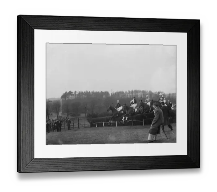Framed Print : Horses jumping the fences at the R A Woolwich point to point. 1936 Framed Print : Horses jumping the fences at the R A Woolwich point to point. 1936