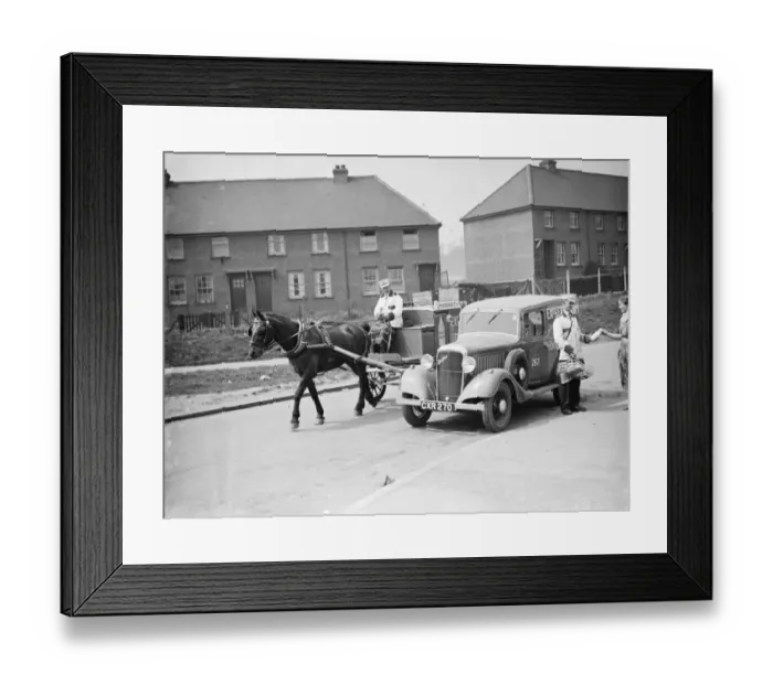 Framed Print : A Express Dairy Delivery horse and cart overtakes an Express Dairy Delivery Bedford van Framed Print : A Express Dairy Delivery horse and cart overtakes an Express Dairy Delivery Bedford van