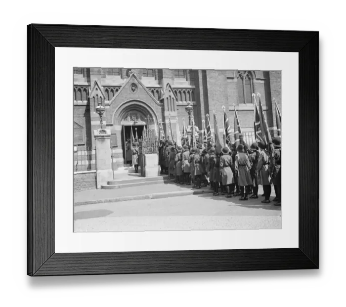 Framed Print : Girl Guide rally. Guides waiting to enter the church. 1935