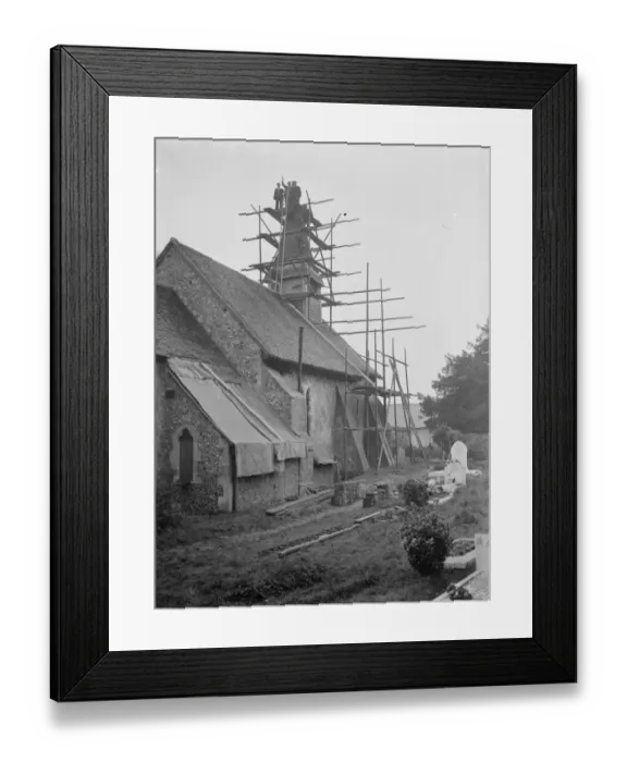 Framed Print : Repairing the roof and spire at Hartley Parish Church in Foots Cray, Kent 1937 Framed Print : Repairing the roof and spire at Hartley Parish Church in Foots Cray, Kent 1937