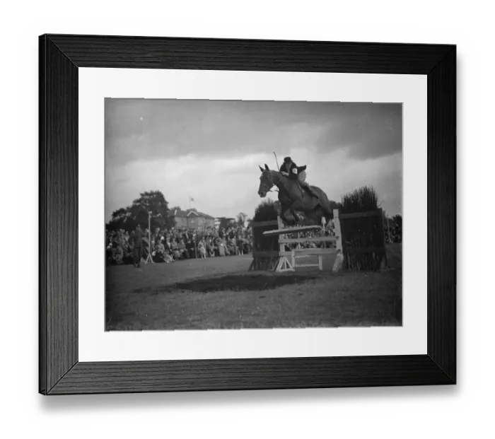 Framed Print : The Eltham and Bromley gymkhama. Miss M P Rice Horse jumping competition Framed Print : The Eltham and Bromley gymkhama. Miss M P Rice Horse jumping competition