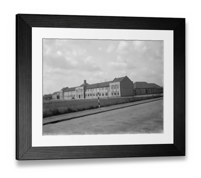 Framed Print : The opening of Blackfen Central School, Kent. External view of the school from the road Framed Print : The opening of Blackfen Central School, Kent. External view of the school from the road