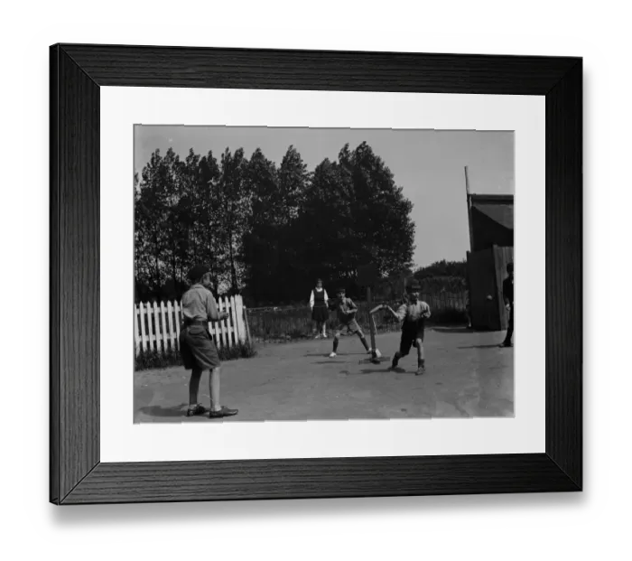 Framed Print : Children playing a game of stoolball in Hartley, Kent. 1937
