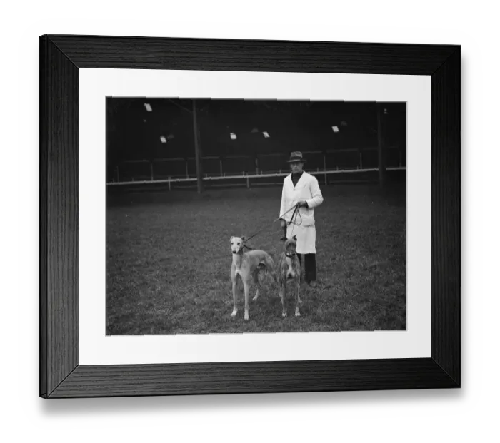 Framed Print : At the Crayford greyhound stadium. The track manager with two of the greyhounds Framed Print : At the Crayford greyhound stadium. The track manager with two of the greyhounds