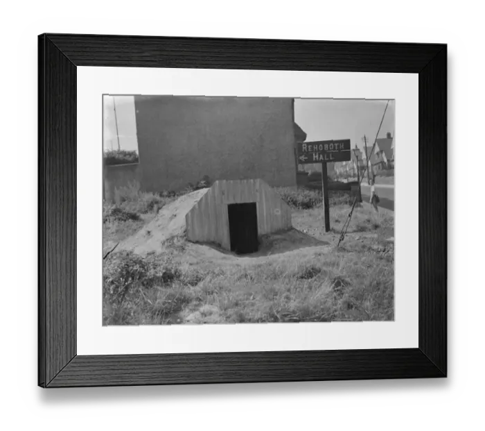 Framed Print : An air raid shelter and sign in Gravesend, Kent. 1938 Framed Print : An air raid shelter and sign in Gravesend, Kent. 1938