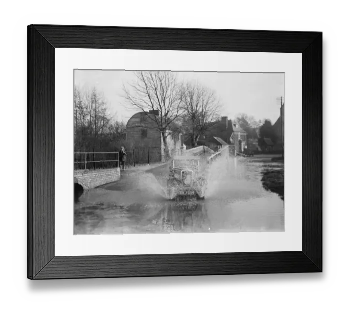 Framed Print : Eynsford Bridge flooded. A car ploughs through the water. 1937 Framed Print : Eynsford Bridge flooded. A car ploughs through the water. 1937