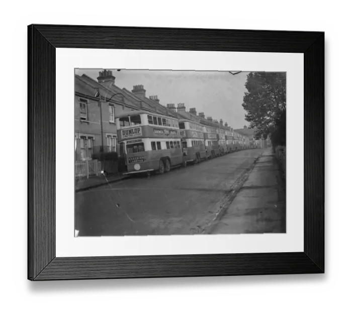 Framed Print : London Transport buses parked in a side street in Sidcup, Kent. 1939
