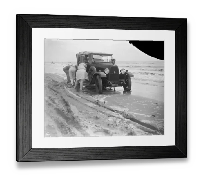 Framed Print : Car stuck on Camber Sands, Sussex. 1933