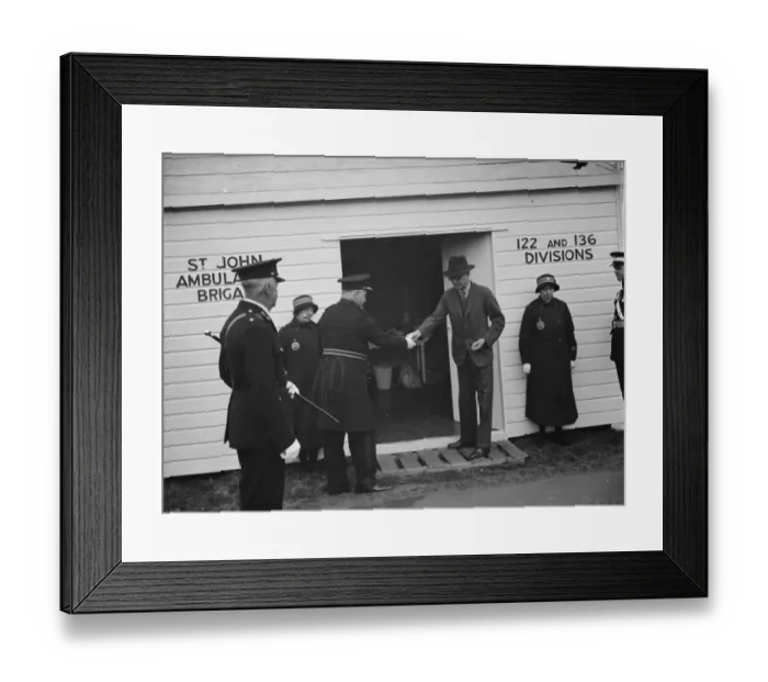 Framed Print : The official opening of the St Johns Ambulance hut at Kemnal Corner, Sidcup, Kent Framed Print : The official opening of the St Johns Ambulance hut at Kemnal Corner, Sidcup, Kent