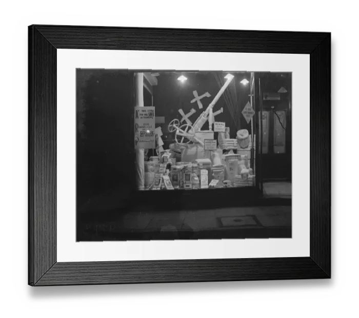 Framed Print : Decorated window in Sidcup, Kent during shopping week. 1938 Framed Print : Decorated window in Sidcup, Kent during shopping week. 1938