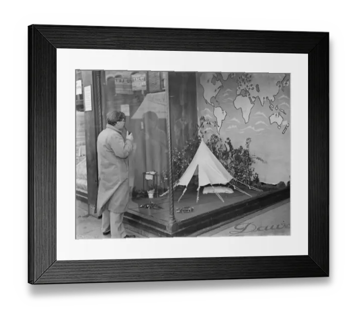 Framed Print : Dawsons shop window camping display in Sidcup, Kent. 1939 Framed Print : Dawsons shop window camping display in Sidcup, Kent. 1939
