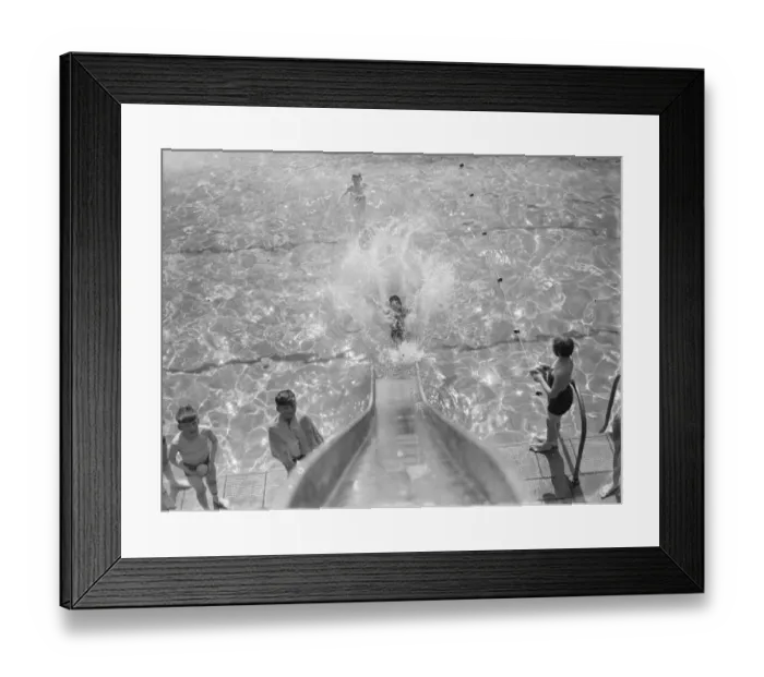 Framed Print : A view down the slide into the roped off area at swimming pool in Gravesend, Kent