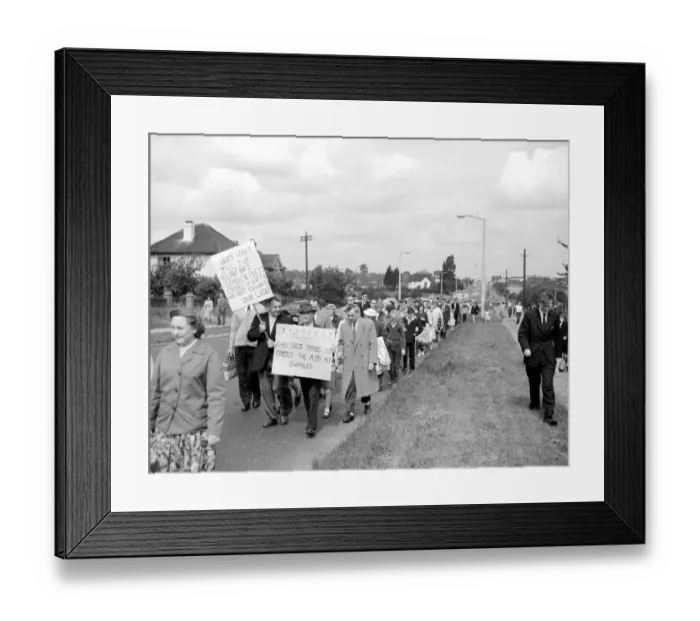 Framed Print : Villagers of Swanley Kent demonstrate in favour of a zebra crossing and by pass July 1960 Framed Print : Villagers of Swanley Kent demonstrate in favour of a zebra crossing and by pass July 1960