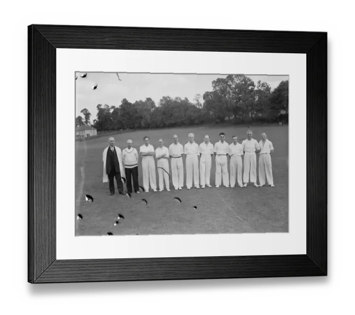 Framed Print : Cricket scenes in Wilmington, Kent. Veteran cricketers stand in a line Framed Print : Cricket scenes in Wilmington, Kent. Veteran cricketers stand in a line