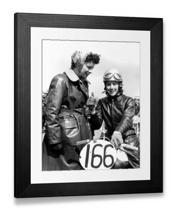 Framed Print : Female motorcyclist, Brenda Bound, in full leathers at a local race meeting, Kent Framed Print : Female motorcyclist, Brenda Bound, in full leathers at a local race meeting, Kent