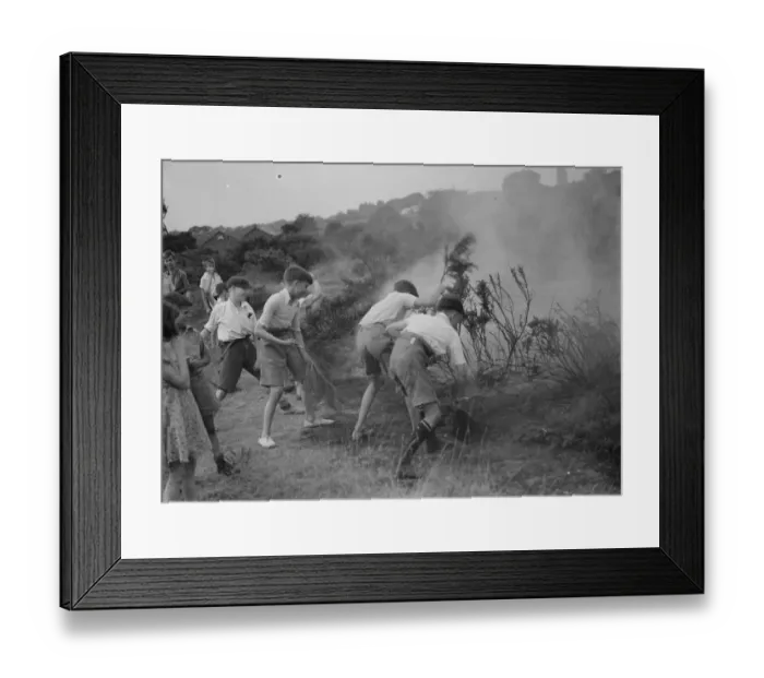 Framed Print : Children putting out fire, Dartford Heath. 1937 Framed Print : Children putting out fire, Dartford Heath. 1937