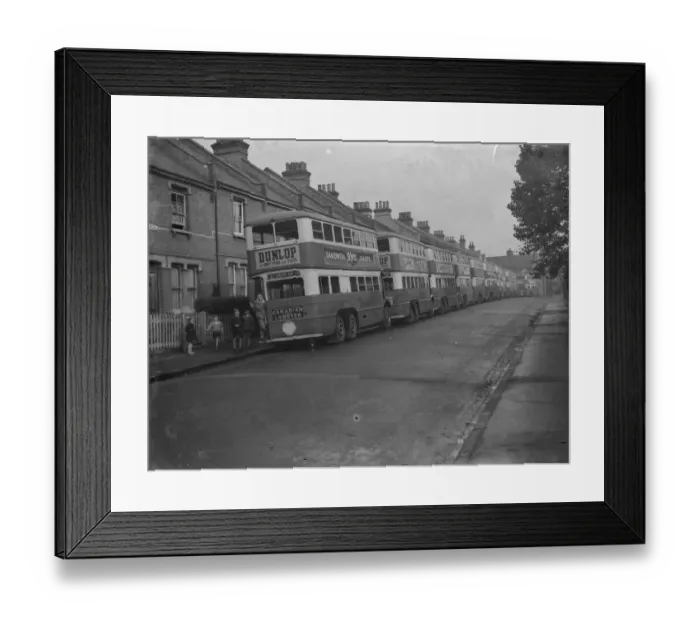 Framed Print : London Transport buses parked in a side street in Sidcup, Kent. 1939 Framed Print : London Transport buses parked in a side street in Sidcup, Kent. 1939