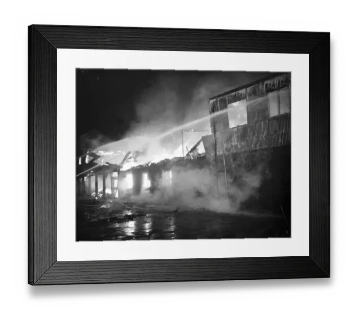 Framed Print : Fire, Halls, Dartford. Fire hoses being trained on the burning building Framed Print : Fire, Halls, Dartford. Fire hoses being trained on the burning building