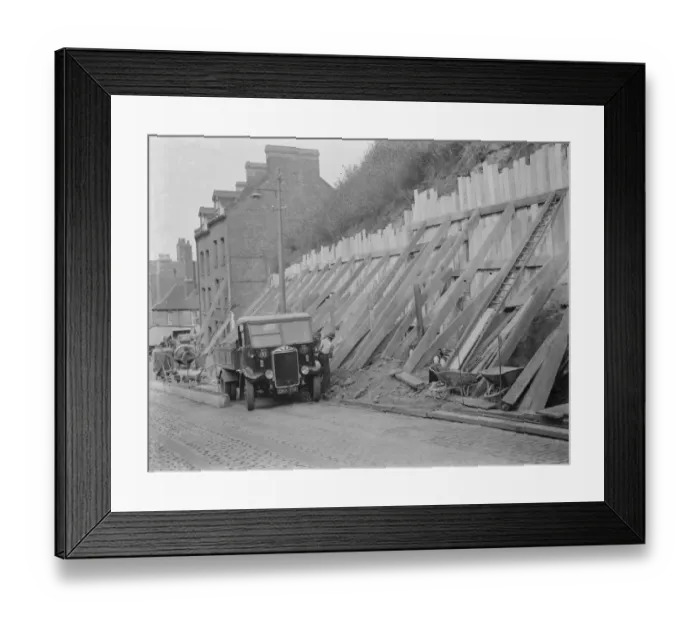Framed Print : Shoring up a landslide with wooden braces in Dartford, Kent. 1938 Framed Print : Shoring up a landslide with wooden braces in Dartford, Kent. 1938