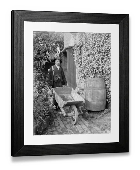 Framed Print : Mr Charles Browning with his wheelbarrow. 1936 Framed Print : Mr Charles Browning with his wheelbarrow. 1936