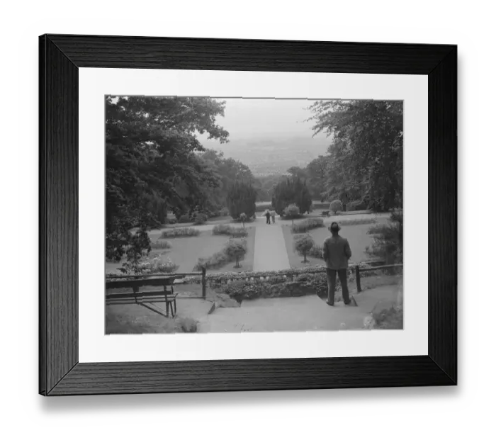 Framed Print : A man stands looking out over Castlewoods in Eltham, Kent. 1939 Framed Print : A man stands looking out over Castlewoods in Eltham, Kent. 1939