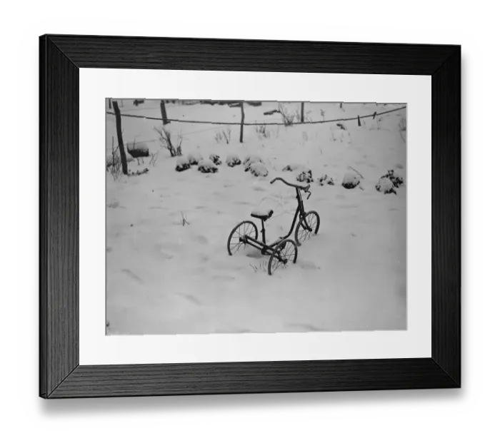 Framed Print : A tricycle in the snow, at the site of a fire tragedy in Bromely, Kent Framed Print : A tricycle in the snow, at the site of a fire tragedy in Bromely, Kent