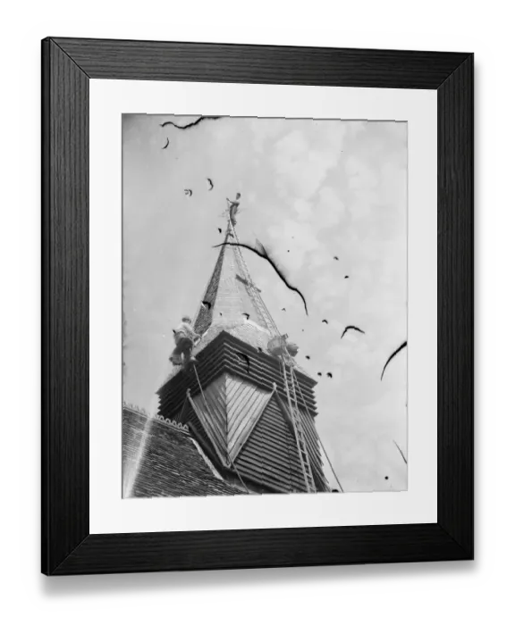 Framed Print : Footscray Church steeple being re - shingled. 1939 Framed Print : Footscray Church steeple being re - shingled. 1939