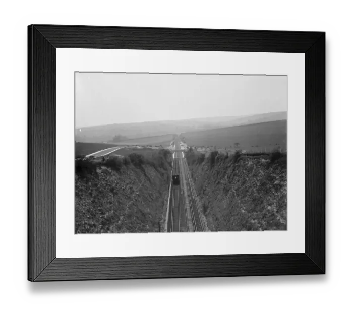 Framed Print : The new railway station near Eynsford, Kent. A locomotive pulls away from Framed Print : The new railway station near Eynsford, Kent. A locomotive pulls away from