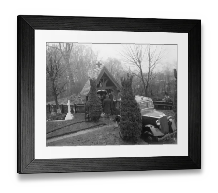 Framed Print : Car goes to church in Foots Cray, Kent. Scene of an accident where a car has crashed