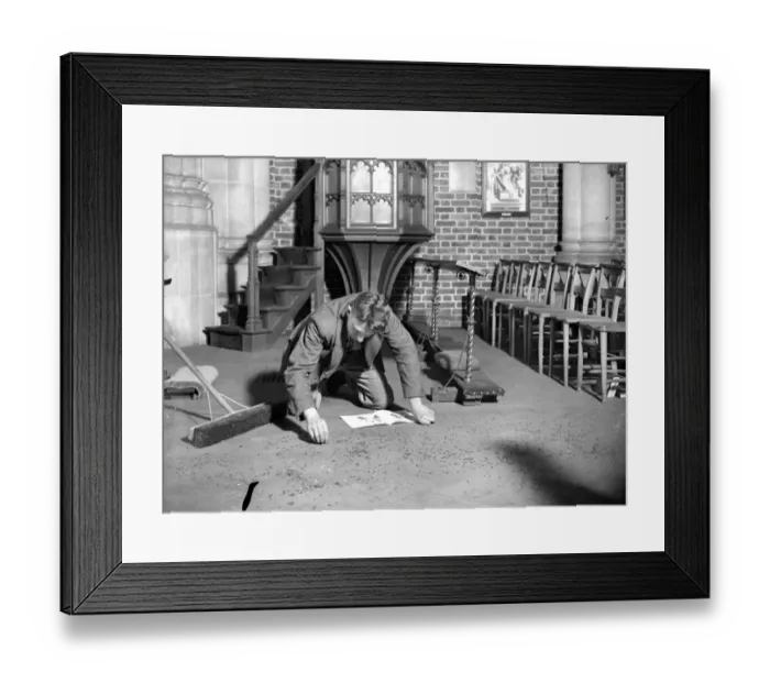 Framed Print : Sweeping and counting flies in a church in Swanley, Kent. 1934 Framed Print : Sweeping and counting flies in a church in Swanley, Kent. 1934