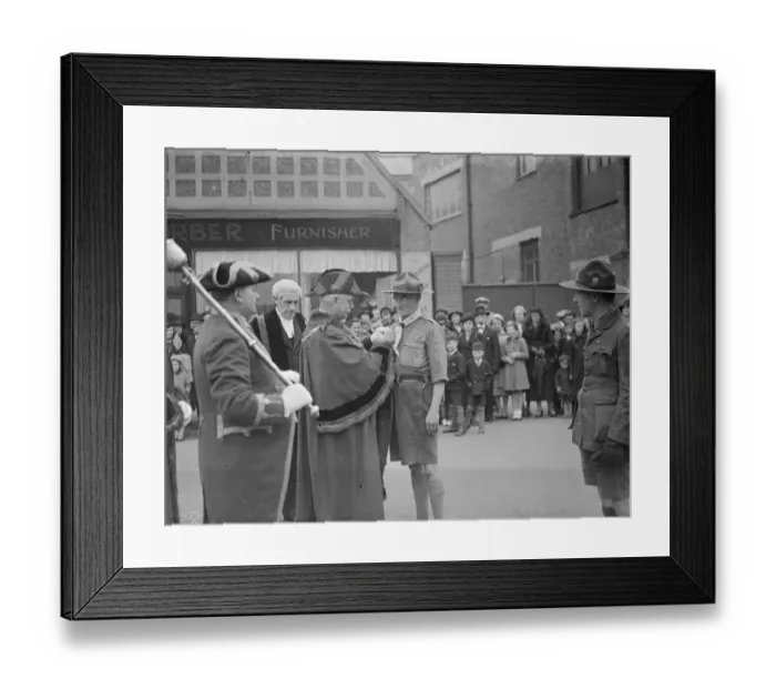 Framed Print : St Georges day scout parade at Dartford in Kent. The Mayor presents a medal