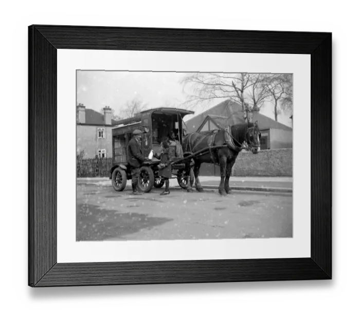 Framed Print : Girl buying milk from a milkman beside his milk van of the Dartford Cooperative Society Framed Print : Girl buying milk from a milkman beside his milk van of the Dartford Cooperative Society