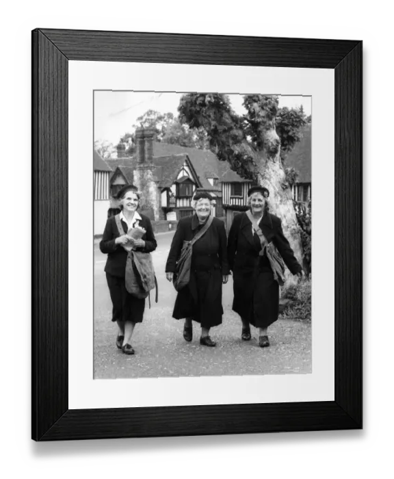 Framed Print : These 3 happy, jolly, laughing postwomen all work in the pleasant Kentish village Framed Print : These 3 happy, jolly, laughing postwomen all work in the pleasant Kentish village