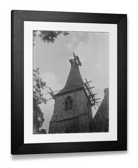 Framed Print : The church spire in North Cray, Kent, being reshingled. 1938 Framed Print : The church spire in North Cray, Kent, being reshingled. 1938