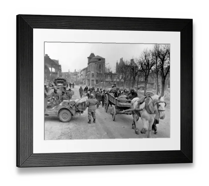 Framed Print : Bastogne Belgium Horse-drawn carts with civilians