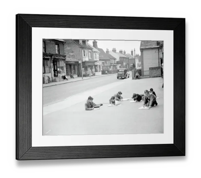Framed Print : The High Street is their classroom. At least, for the morning this picture was taken. It shows pupils of the Boy's Country Secondary School of Edenbridge, Kent, on one of their regular art classes on location'. 25 May 1955 Framed Print : The High Street is their classroom. At least, for the morning this picture was taken. It shows pupils of the Boy's Country Secondary School of Edenbridge, Kent, on one of their regular art classes on location'. 25 May 1955