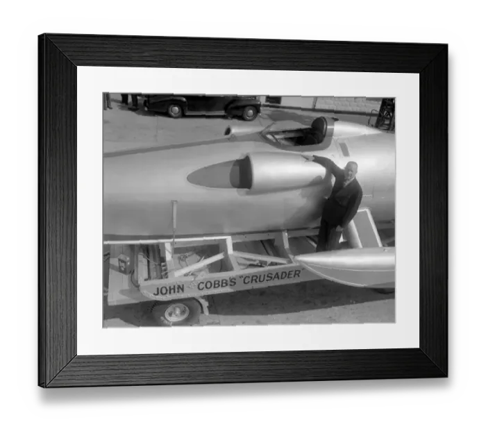 Framed Print : New Malden, Surrey: Driving ace John Cobb, with his revolutionary speed-boat Crusader Framed Print : New Malden, Surrey: Driving ace John Cobb, with his revolutionary speed-boat Crusader