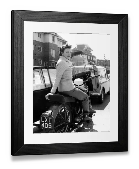 Framed Print : A housewife who had never ridden a motorcycle eight months ago, Mrs Christine Bassett Framed Print : A housewife who had never ridden a motorcycle eight months ago, Mrs Christine Bassett