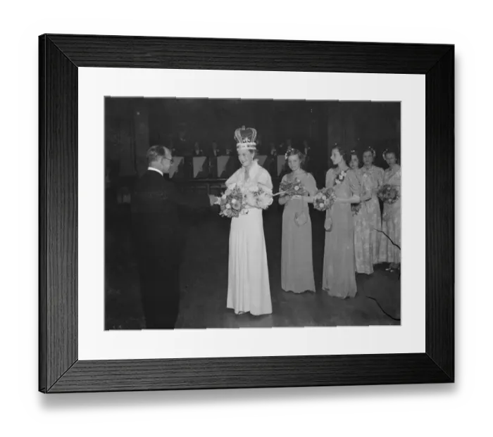 Framed Print : The Dartford Carnival Queen and her attendees, at the dance in Crayford, Kent. 1938 Framed Print : The Dartford Carnival Queen and her attendees, at the dance in Crayford, Kent. 1938