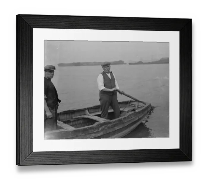 Framed Print : Mr J H Salmon, landlord of the Long Reach Tavern in Dartford, Kent, on a barge Framed Print : Mr J H Salmon, landlord of the Long Reach Tavern in Dartford, Kent, on a barge