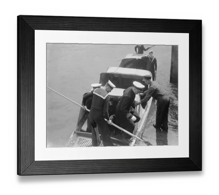 Framed Print : The Home Fleet on the river Thames at Erith, London. Sailors debark from a boat Framed Print : The Home Fleet on the river Thames at Erith, London. Sailors debark from a boat