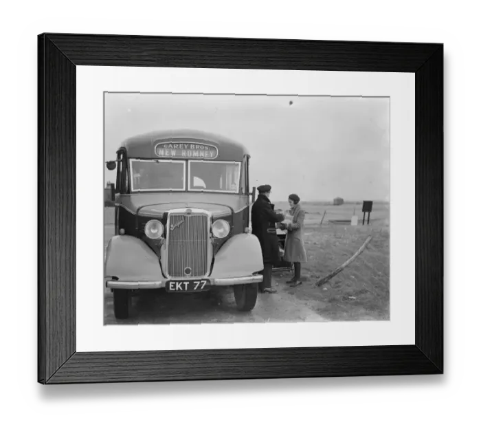 Framed Print : A Carey Bros Bedford coach in New Romney, Kent. 1939 Framed Print : A Carey Bros Bedford coach in New Romney, Kent. 1939