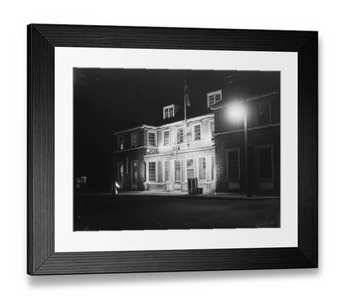 Framed Print : Coronation decorations at the floodlit Crayford Town Hall, Kent, to celebrate Framed Print : Coronation decorations at the floodlit Crayford Town Hall, Kent, to celebrate