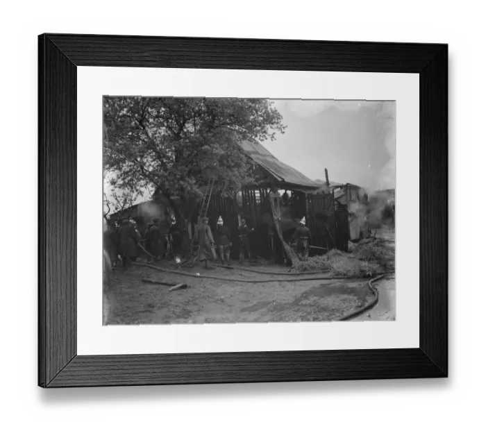 Framed Print : A fire at Hulberry Farm in Eynsford, Kent, attended to by the local fire department Framed Print : A fire at Hulberry Farm in Eynsford, Kent, attended to by the local fire department