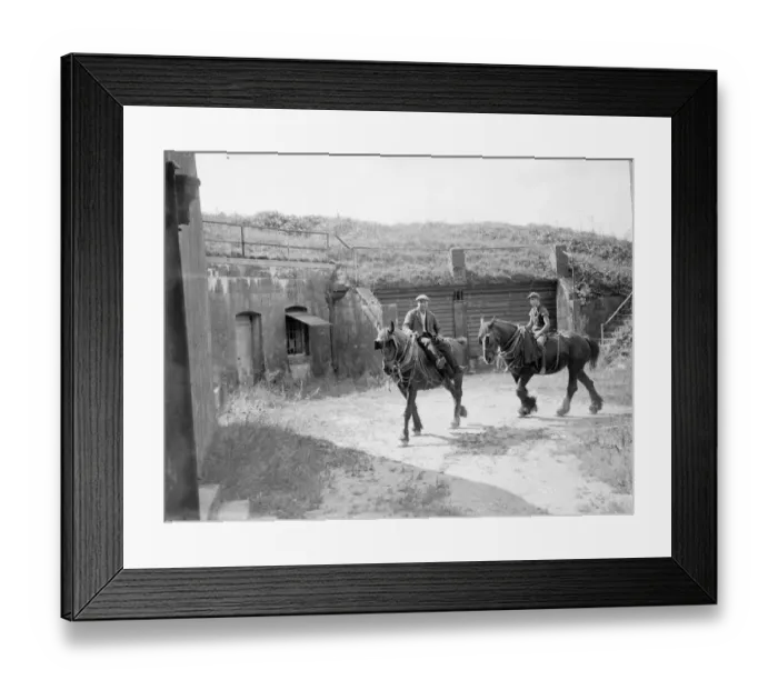 Framed Print : Farm workers ride work horses past an old Fort on their farm at Farningham, Kent Framed Print : Farm workers ride work horses past an old Fort on their farm at Farningham, Kent