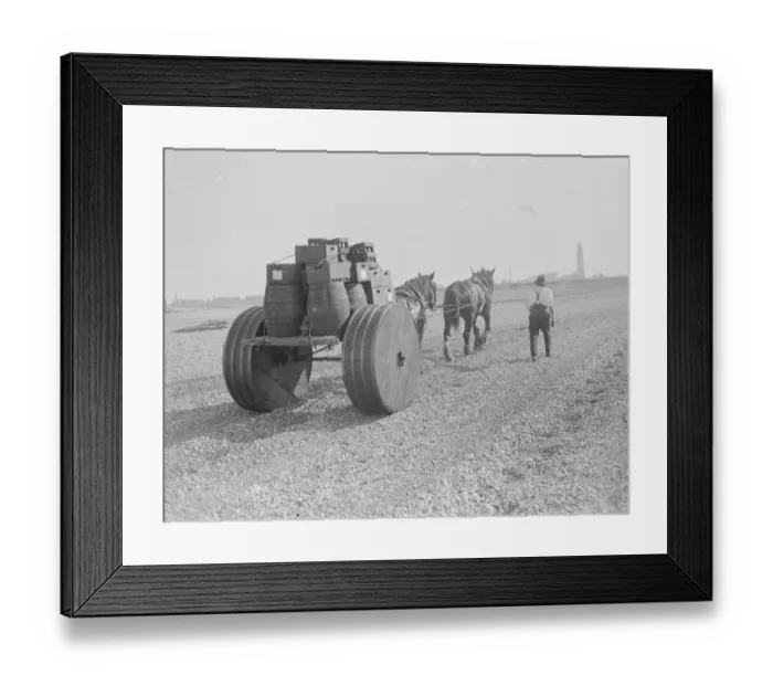 Framed Print : A man with his horse team pulling barrels across the shingle at Dungeness in Kent Framed Print : A man with his horse team pulling barrels across the shingle at Dungeness in Kent