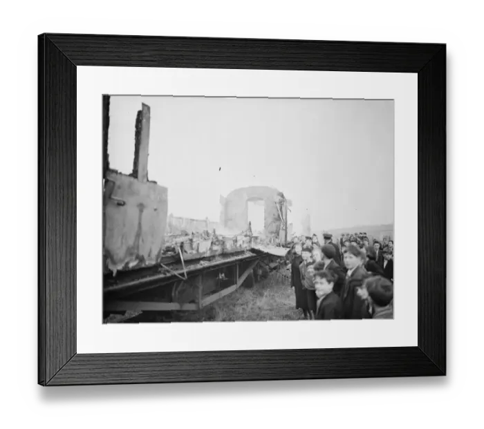 Framed Print : Firemen dealing with a fire on a train at Swanley, Kent. 1938 Framed Print : Firemen dealing with a fire on a train at Swanley, Kent. 1938